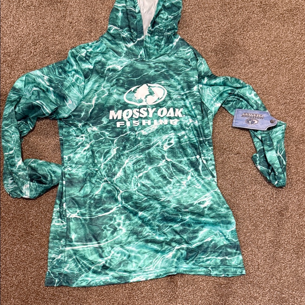 Mossy Oak Aqua Camouflage Fishing Hoodie Shirt Size Large